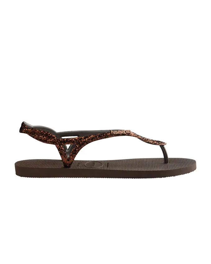 Havaianas Luna Premium II marroni con fascette intrecciate glitter tono su tono con logo in metallo