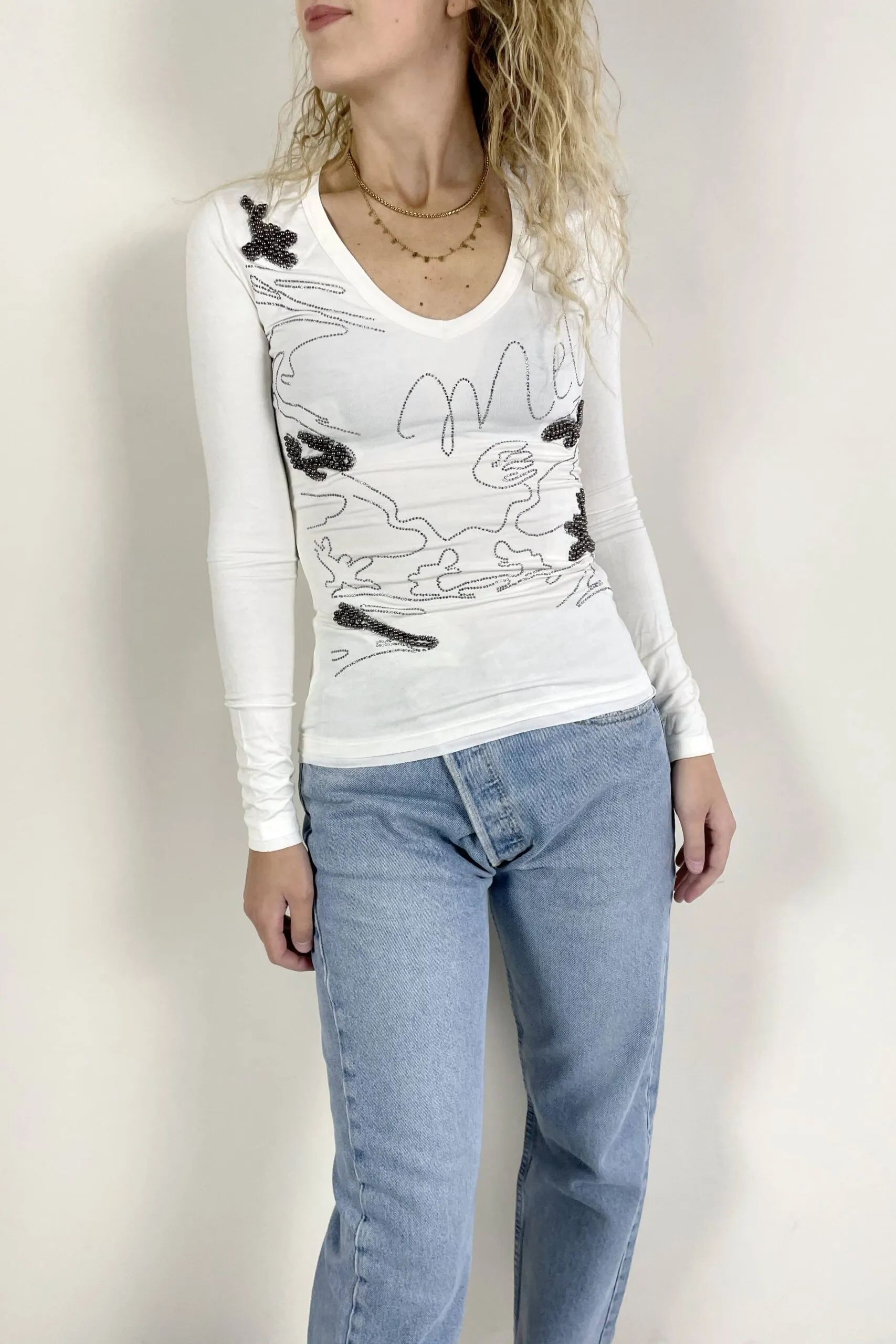 Maglia bianca strass argento | MET